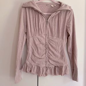 Zip front ruched jacket. Blush heather pink. Women’s Large.